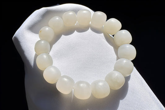 13mm Natural White Hetian Nephrite Bracelet, White Nephrite Jade Beads, Matte Nephrite Bracelet, 天然和田玉青海料一级白老型珠手串