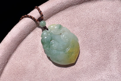 Certified Grade A Jadeite Jade Hand Carved Ruyi Pendant, Natural Carved Jade Pendant Necklace, 天然缅甸A货老坑冰润飘花黄绿双彩如意翡翠吊坠