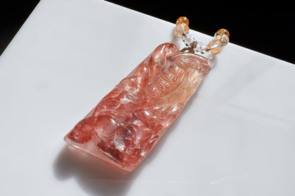 Natural Pink Hematoid Quartz Hand Carved Nine Tailed Fox Pendant, Rare Pink Hematoid Pendant, 天然粉胶花手工精雕九尾狐梅花树吊坠