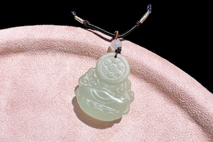 Certified Natural Icy Hetian Nephrite Mahakala Pendant, Carved Sunny Lake Green Nephrite Jade Pendant, 天然冰底晴水料和田玉大黑天吊坠