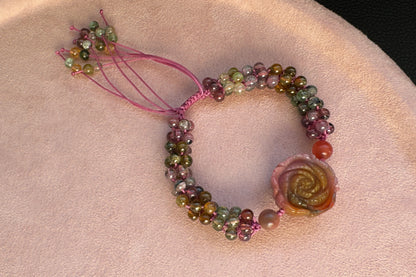 Natural Tourmaline Braided Bracelet with Carved Yanyuan Origin Agate Flower Charm, Yan-yuan and Tourmaline Bracelet, 天然手编碧玺小米珠手链搭配盐源花牌