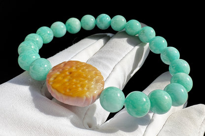 Natural Un-treated Amazonite Beaded Bracelet with Pink and yellow Alashan Sailor Moon, Amazonite Bracelet, 天然天河石手串搭配奶黄粉阿拉善水手月亮