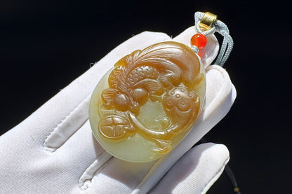 Natural Nephrite in Sugar Brown and Green Colors Hand Carved Koi Fish and Lotus Pendant, Carved Nephrite Jade Necklace, 天然糖青料玉手工雕刻鱼戏荷莲吊坠
