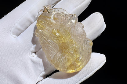 Natural Golden Rutile Quartz Hand Carved Nine Tailed Fox Pendant, Gold Rutilated Quartz Fox Pendant Necklace, 天然茶体金发晶手工精雕九尾狐吊坠