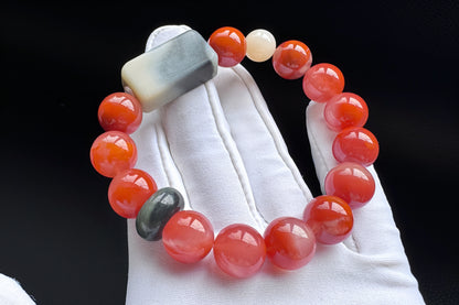 Natural Nanhong Agate Bracelet with Black and White Nephrite Jade, Untreated Nanhong Agate Beads, 天然冰飘火焰南红珠配水墨青花和田玉手串