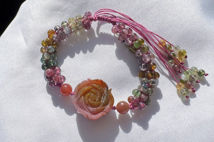 Natural Tourmaline Braided Bracelet with Carved Yanyuan Origin Agate Flower Charm, Yan-yuan and Tourmaline Bracelet, 天然手编碧玺小米珠手链搭配盐源花牌