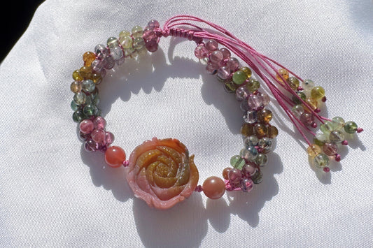 Natural Tourmaline Braided Bracelet with Carved Yanyuan Origin Agate Flower Charm, Yan-yuan and Tourmaline Bracelet, 天然手编碧玺小米珠手链搭配盐源花牌
