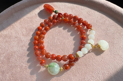 Natural Nanhong Southern Red Agate Design Bracelet, Nanhong Agate Bracelet with Jadeite Jade and White Nephrite, 天然原创南红设计手串搭配乌鸡翡翠和田白玉