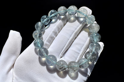 11mm Natural Aquamarine with Black Mica Inclusions Beaded Bracelet, Shiny Aquamarine Bracelet, March Birthstone, 海蓝宝带黑云母共生手串