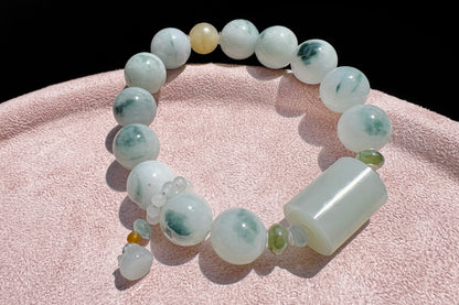12mm Natural Grade A Jadeite Jade Bracelet with Blue Hetian Nephrite Jade Barrel, Blue Jadeite Jade with floating Blue flowers, 天然缅甸A货糯蓝底飘蓝花翡翠手串配糖玉