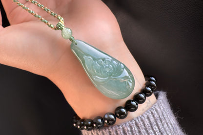 Certified Natural Grade A Jadeite Jade Pendant, Carved Jade Lotus Flower Pendant, 天然缅甸A货翡翠老坑冰晴绿随形荷花吊坠