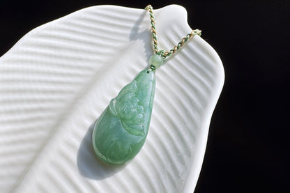 Certified Natural Grade A Jadeite Jade Pendant, Carved Jade Lotus Flower Pendant, 天然缅甸A货翡翠老坑冰晴绿随形荷花吊坠