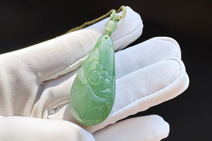 Certified Natural Grade A Jadeite Jade Pendant, Carved Jade Lotus Flower Pendant, 天然缅甸A货翡翠老坑冰晴绿随形荷花吊坠