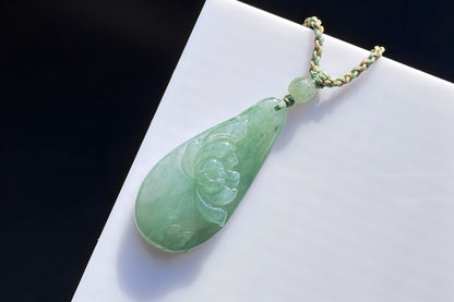 Certified Natural Grade A Jadeite Jade Pendant, Carved Jade Lotus Flower Pendant, 天然缅甸A货翡翠老坑冰晴绿随形荷花吊坠