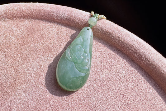 Certified Natural Grade A Jadeite Jade Pendant, Carved Jade Lotus Flower Pendant, 天然缅甸A货翡翠老坑冰晴绿随形荷花吊坠