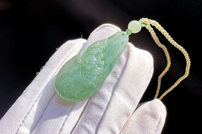 Certified Natural Grade A Jadeite Jade Pendant, Carved Jade Lotus Flower Pendant, 天然缅甸A货翡翠老坑冰晴绿随形荷花吊坠