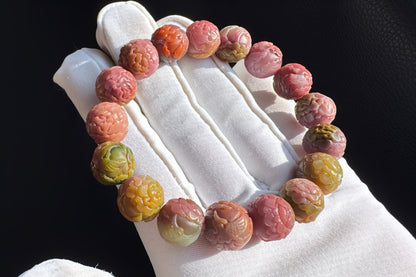 Top Grade Genuine Yanyuan Origin Agate Carved Phoenix and Peony Bracelet, Yan-yuan Bracelet, 天然原矿盐源玛瑙雕刻凤穿牡丹手串满色满肉的高货