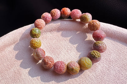 Top Grade Genuine Yanyuan Origin Agate Carved Phoenix and Peony Bracelet, Yan-yuan Bracelet, 天然原矿盐源玛瑙雕刻凤穿牡丹手串满色满肉的高货