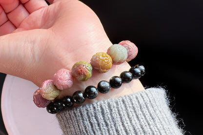 Top Grade Genuine Yanyuan Origin Agate Carved Phoenix and Peony Bracelet, Yan-yuan Bracelet, 天然原矿盐源玛瑙雕刻凤穿牡丹手串满色满肉的高货