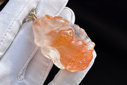Hand Carved Rabbit Hair Quartz Fox Necklace, Natural Orange Rabbit Hair Quartz Hand Carved Nine Tailed Fox Pendant, 天然橘色兔毛水晶手工精雕九尾狐吊坠