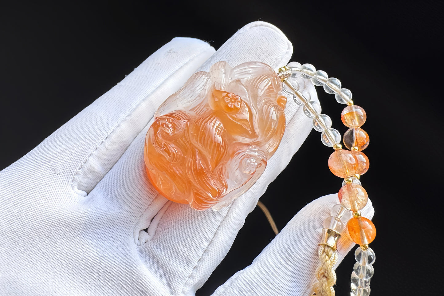 Hand Carved Rabbit Hair Quartz Fox Necklace, Natural Orange Rabbit Hair Quartz Hand Carved Nine Tailed Fox Pendant, 天然橘色兔毛水晶手工精雕九尾狐吊坠