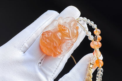Hand Carved Rabbit Hair Quartz Fox Necklace, Natural Orange Rabbit Hair Quartz Hand Carved Nine Tailed Fox Pendant, 天然橘色兔毛水晶手工精雕九尾狐吊坠