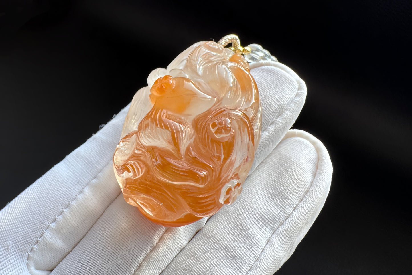 Hand Carved Rabbit Hair Quartz Fox Necklace, Natural Orange Rabbit Hair Quartz Hand Carved Nine Tailed Fox Pendant, 天然橘色兔毛水晶手工精雕九尾狐吊坠
