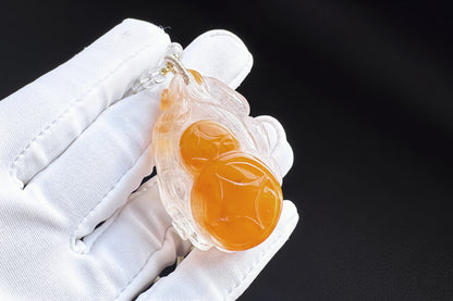 Hand Carved Rabbit Hair Quartz Fox Necklace, Natural Orange Rabbit Hair Quartz Hand Carved Nine Tailed Fox Pendant, 天然橘色兔毛水晶手工精雕九尾狐吊坠