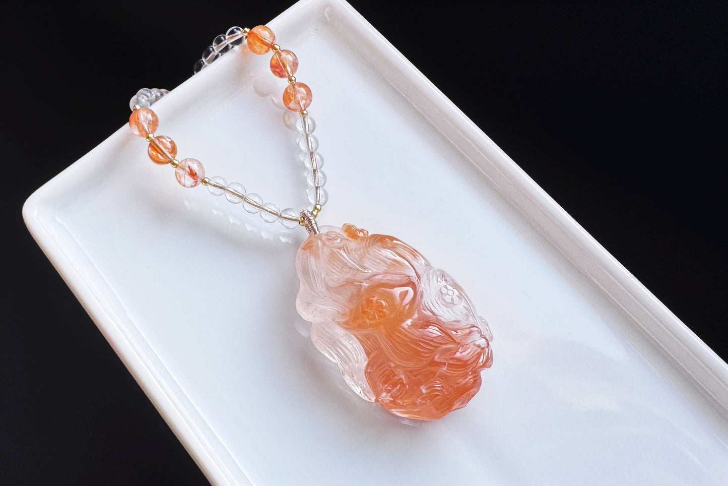 Hand Carved Rabbit Hair Quartz Fox Necklace, Natural Orange Rabbit Hair Quartz Hand Carved Nine Tailed Fox Pendant, 天然橘色兔毛水晶手工精雕九尾狐吊坠