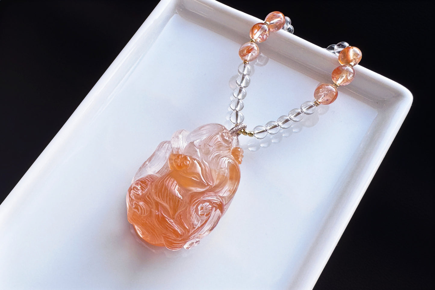 Hand Carved Rabbit Hair Quartz Fox Necklace, Natural Orange Rabbit Hair Quartz Hand Carved Nine Tailed Fox Pendant, 天然橘色兔毛水晶手工精雕九尾狐吊坠