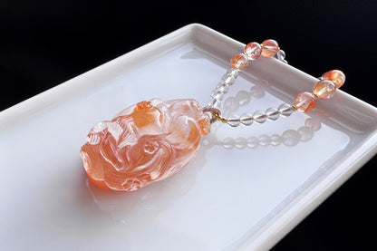 Hand Carved Rabbit Hair Quartz Fox Necklace, Natural Orange Rabbit Hair Quartz Hand Carved Nine Tailed Fox Pendant, 天然橘色兔毛水晶手工精雕九尾狐吊坠