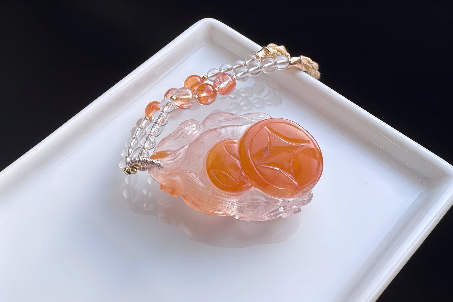 Hand Carved Rabbit Hair Quartz Fox Necklace, Natural Orange Rabbit Hair Quartz Hand Carved Nine Tailed Fox Pendant, 天然橘色兔毛水晶手工精雕九尾狐吊坠
