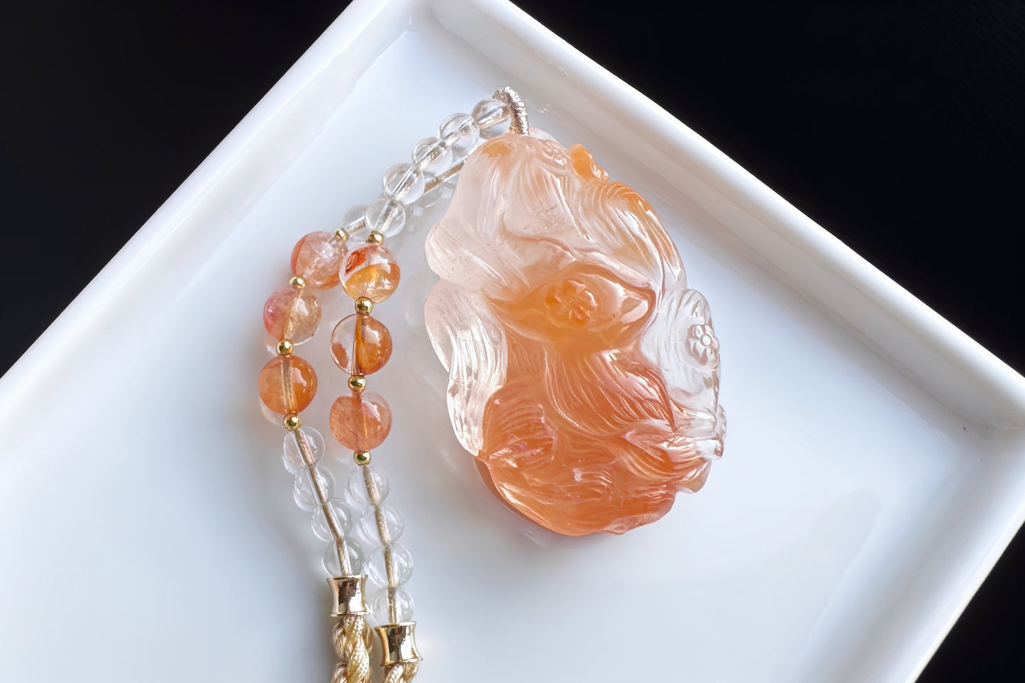 Hand Carved Rabbit Hair Quartz Fox Necklace, Natural Orange Rabbit Hair Quartz Hand Carved Nine Tailed Fox Pendant, 天然橘色兔毛水晶手工精雕九尾狐吊坠