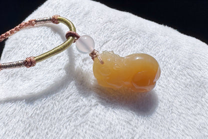 Dainty Natural Nephrite Jade Pixiu Pendant in Honey Color, Hand Carved Nephrite Jade Pixiu, 天然浅糖色软玉手工雕刻貔貅吊坠