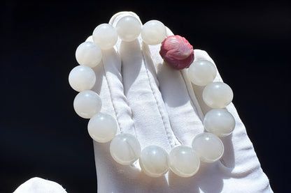 11.5mm Natural Light Gray Hetian Nephrite Jade Bracelet with Yanyuan Origin Agate Hand Carved Lotus and Phoenix Bead, 天然青海料烟灰和田玉手串搭配原矿盐源玛瑙荷花凤凰