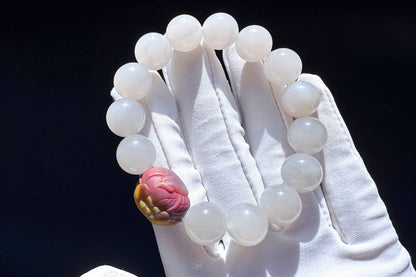 11.5mm Natural Light Gray Hetian Nephrite Jade Bracelet with Yanyuan Origin Agate Hand Carved Lotus and Phoenix Bead, 天然青海料烟灰和田玉手串搭配原矿盐源玛瑙荷花凤凰
