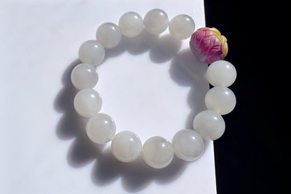11.5mm Natural Light Gray Hetian Nephrite Jade Bracelet with Yanyuan Origin Agate Hand Carved Lotus and Phoenix Bead, 天然青海料烟灰和田玉手串搭配原矿盐源玛瑙荷花凤凰