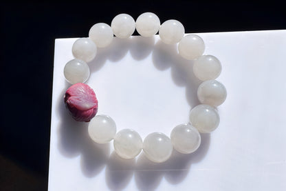 11.5mm Natural Light Gray Hetian Nephrite Jade Bracelet with Yanyuan Origin Agate Hand Carved Lotus and Phoenix Bead, 天然青海料烟灰和田玉手串搭配原矿盐源玛瑙荷花凤凰