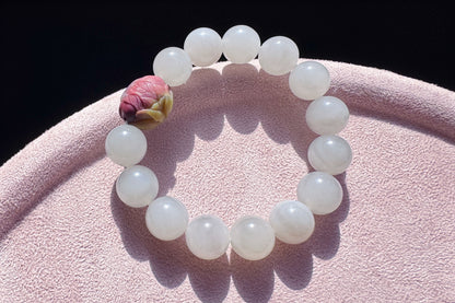 11.5mm Natural Light Gray Hetian Nephrite Jade Bracelet with Yanyuan Origin Agate Hand Carved Lotus and Phoenix Bead, 天然青海料烟灰和田玉手串搭配原矿盐源玛瑙荷花凤凰