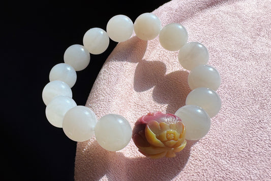11.5mm Natural Light Gray Hetian Nephrite Jade Bracelet with Yanyuan Origin Agate Hand Carved Lotus and Phoenix Bead, 天然青海料烟灰和田玉手串搭配原矿盐源玛瑙荷花凤凰
