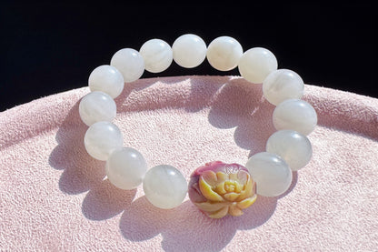 11.5mm Natural Light Gray Hetian Nephrite Jade Bracelet with Yanyuan Origin Agate Hand Carved Lotus and Phoenix Bead, 天然青海料烟灰和田玉手串搭配原矿盐源玛瑙荷花凤凰