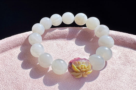 11.5mm Natural Light Gray Hetian Nephrite Jade Bracelet with Yanyuan Origin Agate Hand Carved Lotus and Phoenix Bead, 天然青海料烟灰和田玉手串搭配原矿盐源玛瑙荷花凤凰