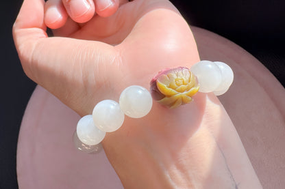 11.5mm Natural Light Gray Hetian Nephrite Jade Bracelet with Yanyuan Origin Agate Hand Carved Lotus and Phoenix Bead, 天然青海料烟灰和田玉手串搭配原矿盐源玛瑙荷花凤凰