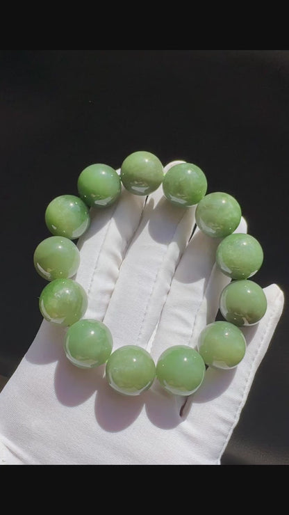 15mm Natural Chunky Green Nephrite Beaded Bracelet, Untreated Nephrite Jade Beads, 天然和田玉碧玉圆珠手串