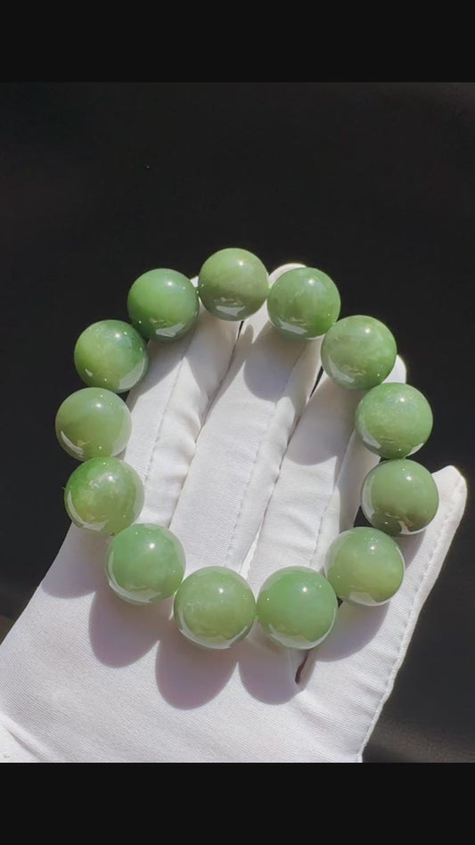 15mm Natural Chunky Green Nephrite Beaded Bracelet, Untreated Nephrite Jade Beads, 天然和田玉碧玉圆珠手串